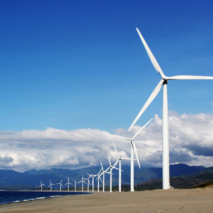 A row of wind turbines on a sandy coastline under a clear blue sky, promoting renewable energy.